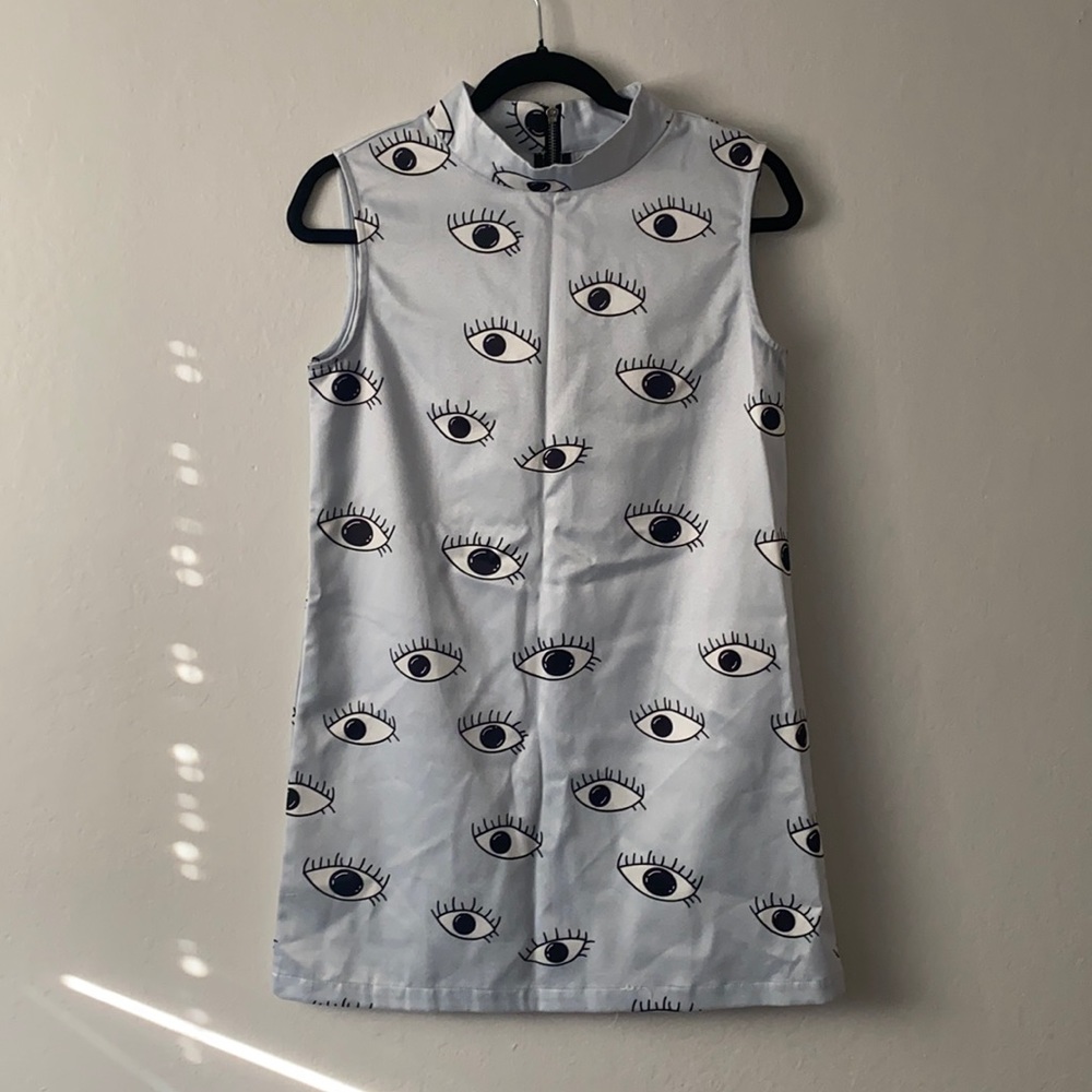 Satin Eyeball Mock Neck Sleeveless Dress -Baby Blue Small (originally Amazon)
